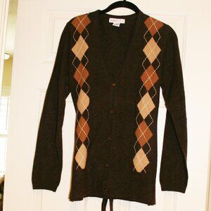 Wendy B Cashmere 100% Cashmere Brown Argyle V Neck Cardigan Sweater LG